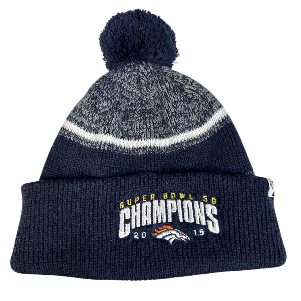 Denver Broncos Y2K 2015 Super Bowl Champions Pom Knit Beanie Hat Blue Orange NFL
